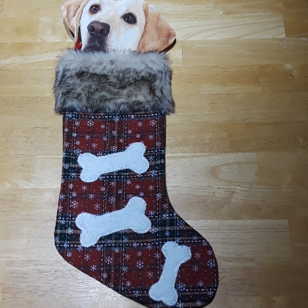 Dog Bone Plaid Faux Fur Holiday Stocking New